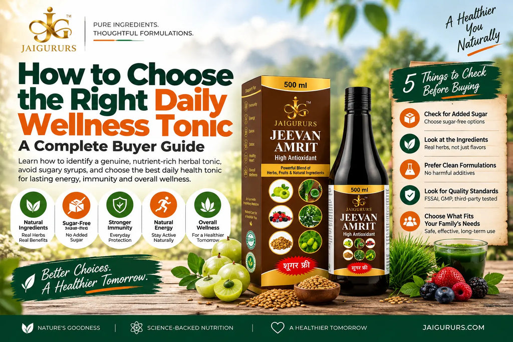 JaiGururs Jeevan Amrit daily wellness tonic with natural ingredients and a sugar-free formulation