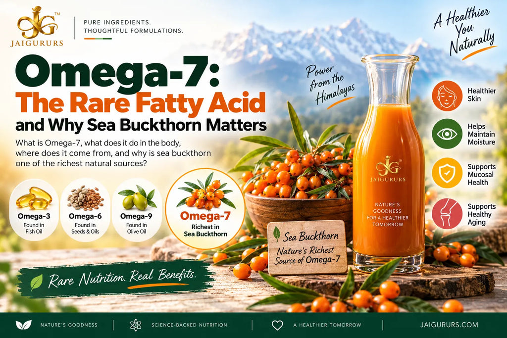 JaiGururs Sea Buckthorn Juice highlighting natural Omega-7 and its nutritional benefits
