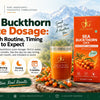 JaiGururs Sea Buckthorn Juice dosage guide showing 5 ml in 100 ml water twice daily for a 3-month routine