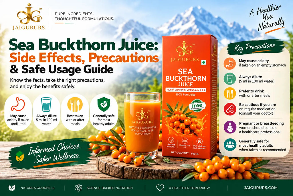 JaiGururs Sea Buckthorn Juice side effects, precautions and safe usage guide with dosage and dilution instructions