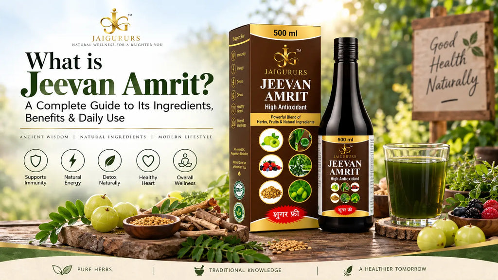 JaiGururs Jeevan Amrit herbal tonic with Amla, Ashwagandha, Moringa, Spirulina and other natural ingredients for daily wellness