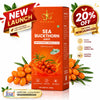A 500ml box of Jaigururs Sea Buckthorn Juice, presented in a vibrant orange color with illustrations of sea buckthorn berries and leaves. The box is flanked by clusters of orange sea buckthorn berries and green leaves, with promotional banners on the top corners reading 'NEW LAUNCH' and '20% OFF'.