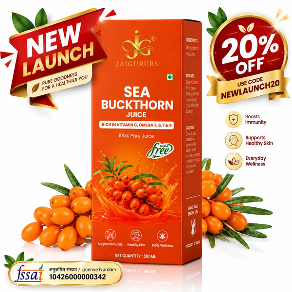 A 500ml box of Jaigururs Sea Buckthorn Juice, presented in a vibrant orange color with illustrations of sea buckthorn berries and leaves. The box is flanked by clusters of orange sea buckthorn berries and green leaves, with promotional banners on the top corners reading 'NEW LAUNCH' and '20% OFF'.